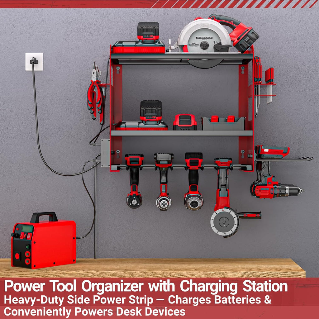 Heavy-Duty Wall-Mount Power Tool Organizer with Charging Station