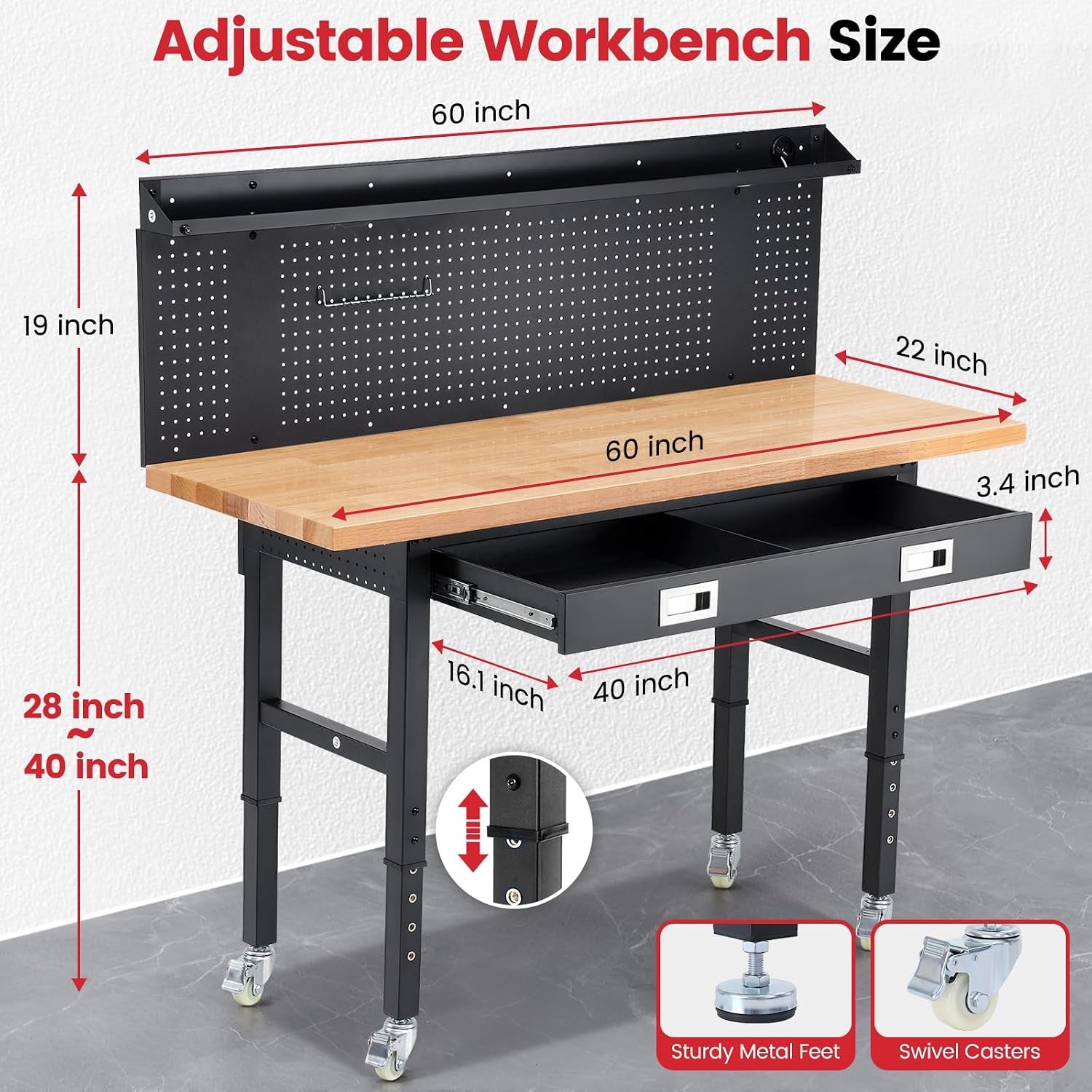 60-Inch Heavy Duty Workbench with Wheels, Adjustable Height | Solid Rubberwood Top Garage Work Table with Drawers, Pegboard, Power Outlets & LED Light for Workshop, Repair & DIY