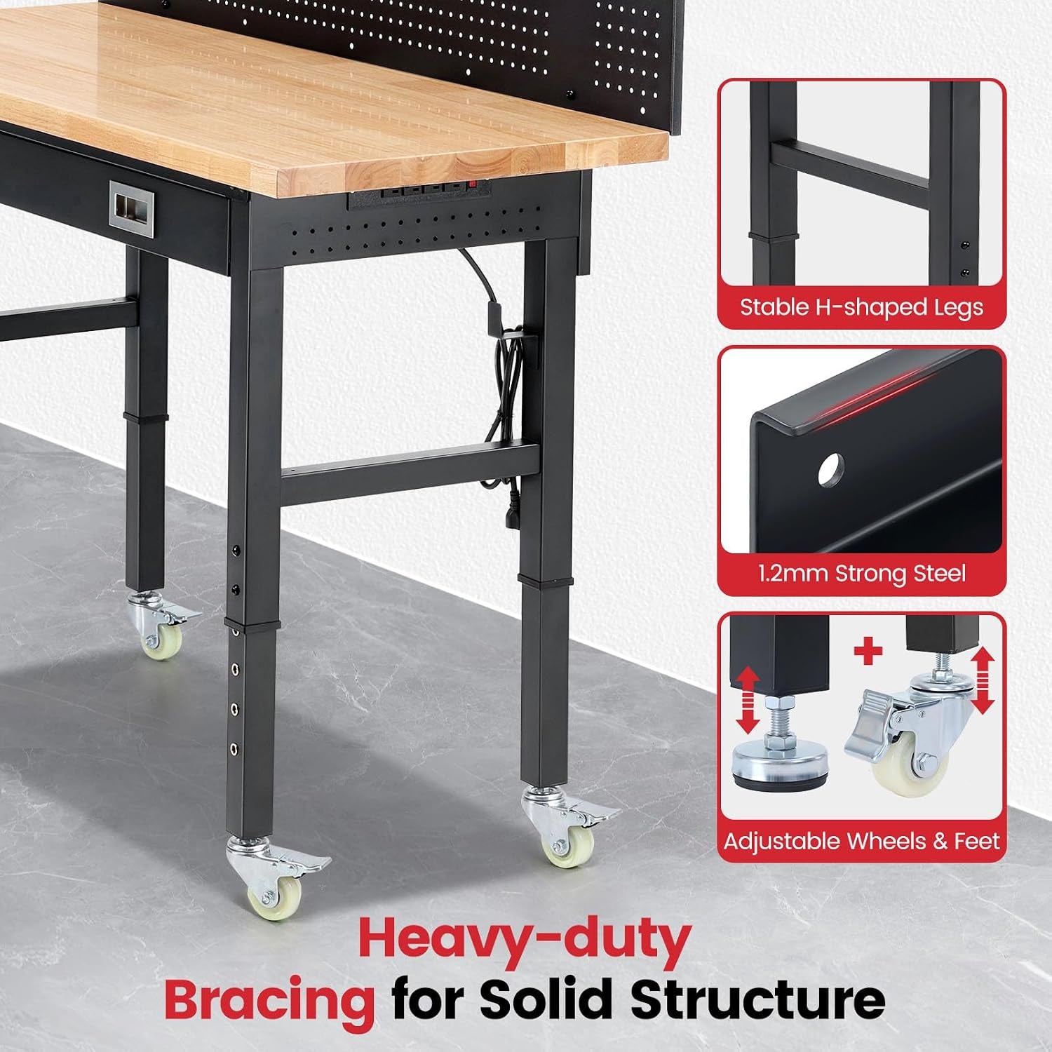 60-Inch Heavy Duty Workbench with Wheels, Adjustable Height | Solid Rubberwood Top Garage Work Table with Drawers, Pegboard, Power Outlets & LED Light for Workshop, Repair & DIY