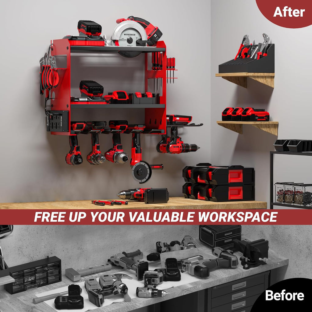 Heavy-Duty Wall-Mount Power Tool Organizer with Charging Station