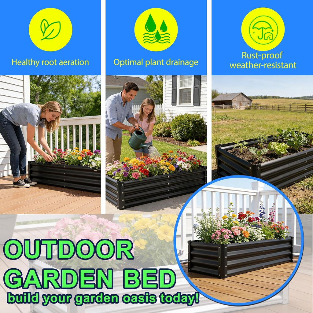 Raised Garden Bed 2 Pack 8X4X1Ft, Premium Galvanized Raised Garden Bed, Large Raised Garden Beds Outdoor for Deep-Rooted Vegetables, Flowers, Green and Herbs, Black