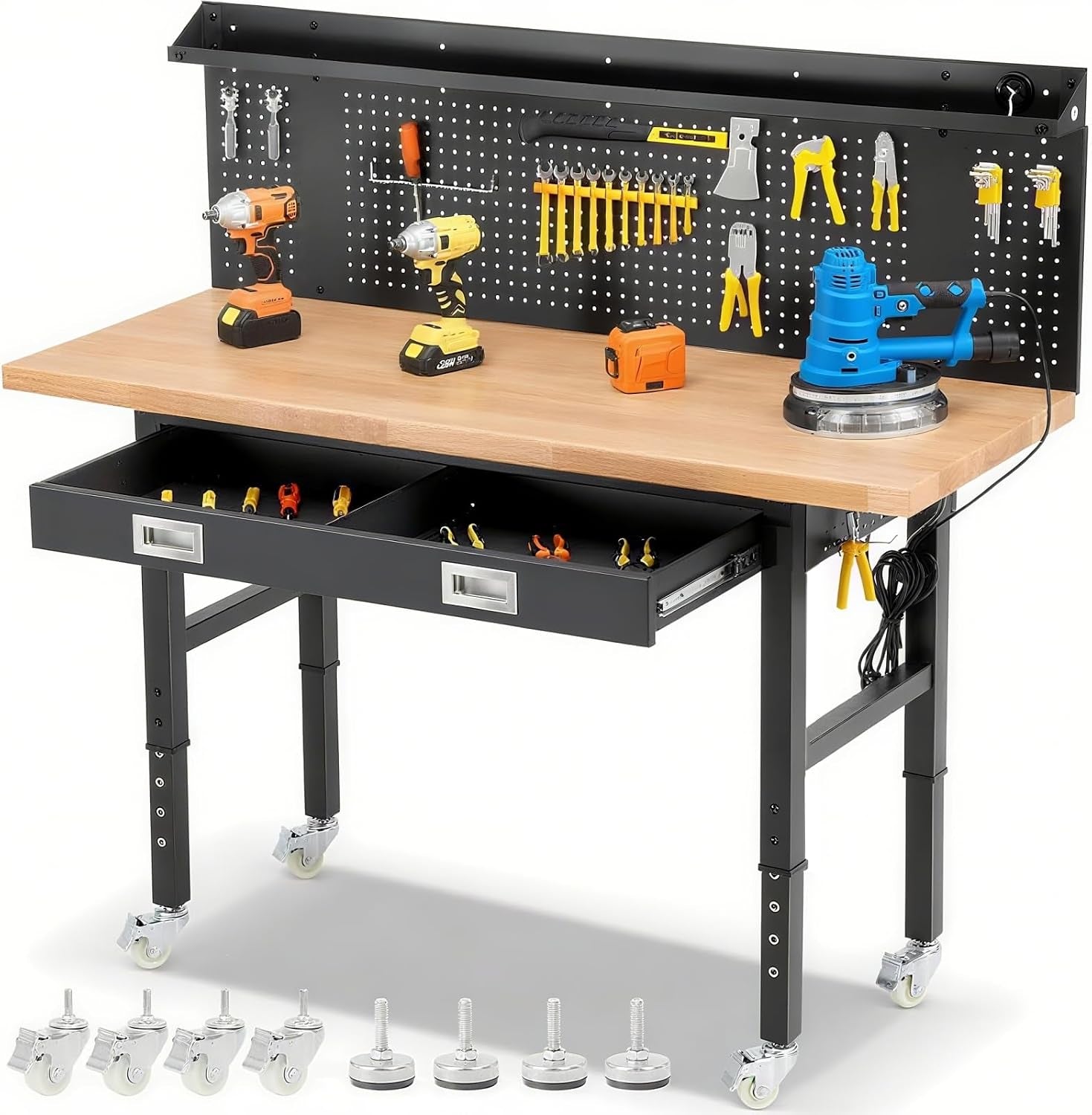 60-Inch Heavy Duty Workbench with Wheels, Adjustable Height | Solid Rubberwood Top Garage Work Table with Drawers, Pegboard, Power Outlets & LED Light for Workshop, Repair & DIY