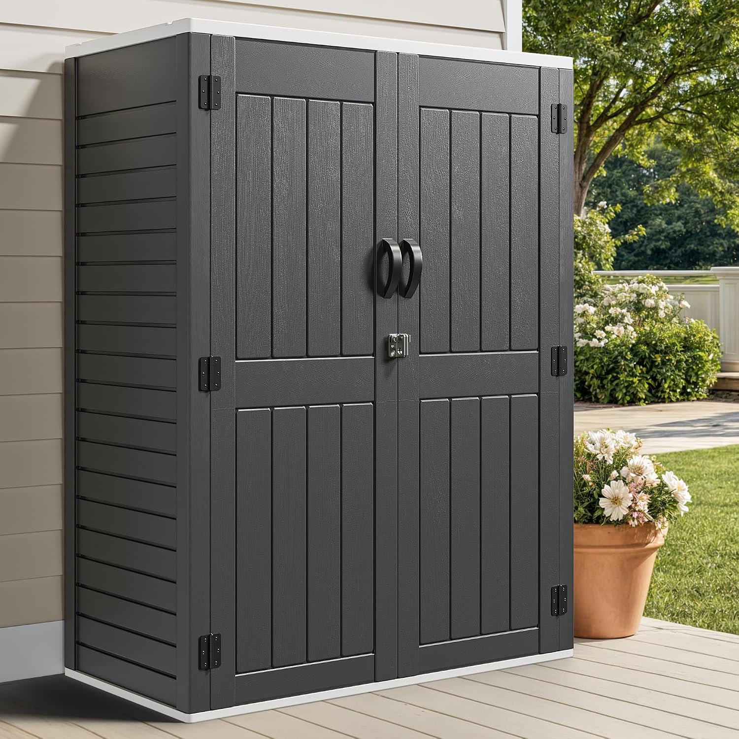 59 Cuft Outdoor Vertical Storage Shed, Tall Storage Shed Outdoor W/O Shelf, Outdoor Waterproof Storage Cabinet for Garage, Pool Storage, Garden Shed Outdoor Storage, Dark Gray