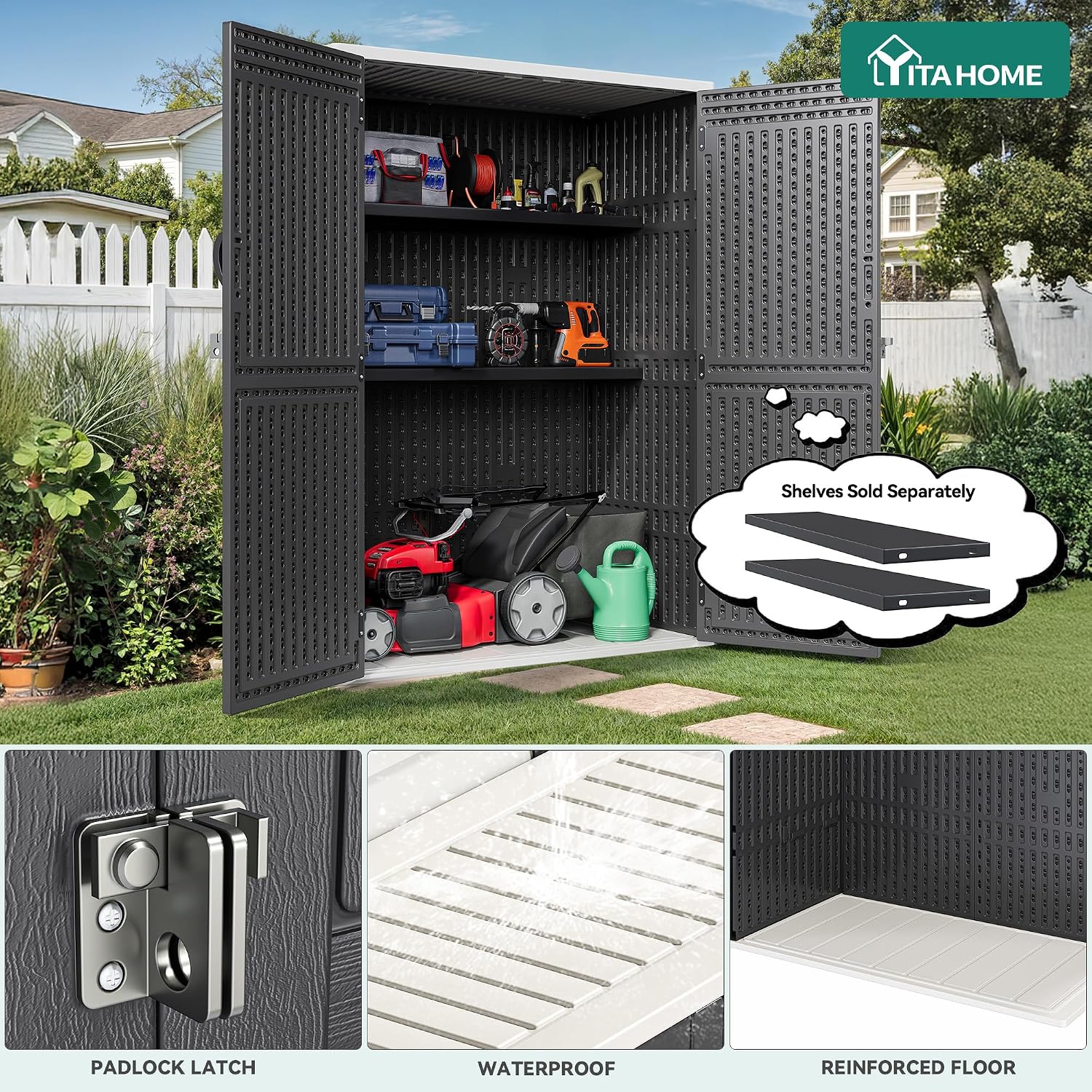 59 Cuft Outdoor Vertical Storage Shed, Tall Storage Shed Outdoor W/O Shelf, Outdoor Waterproof Storage Cabinet for Garage, Pool Storage, Garden Shed Outdoor Storage, Dark Gray