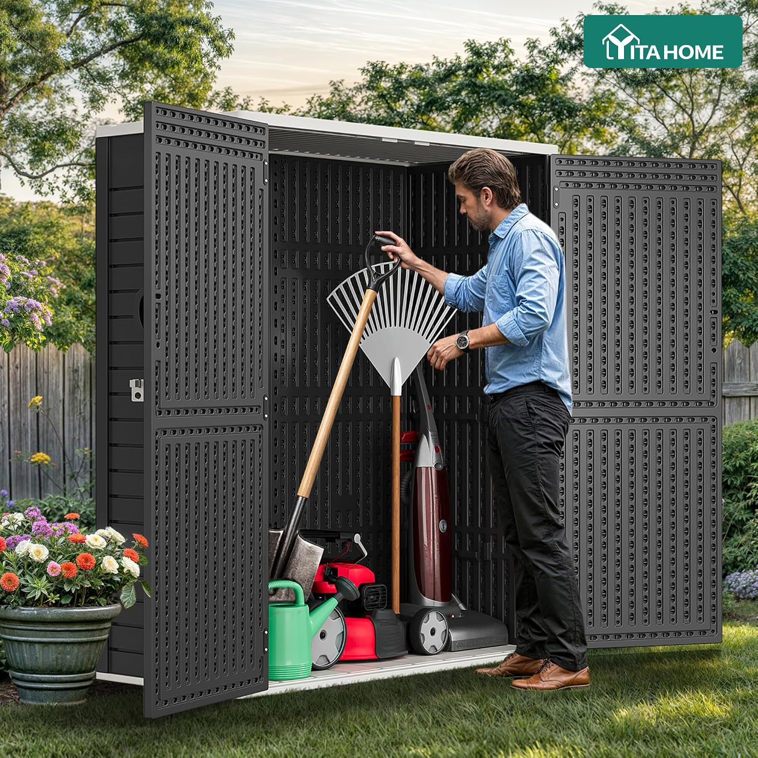 59 Cuft Outdoor Vertical Storage Shed, Tall Storage Shed Outdoor W/O Shelf, Outdoor Waterproof Storage Cabinet for Garage, Pool Storage, Garden Shed Outdoor Storage, Dark Gray