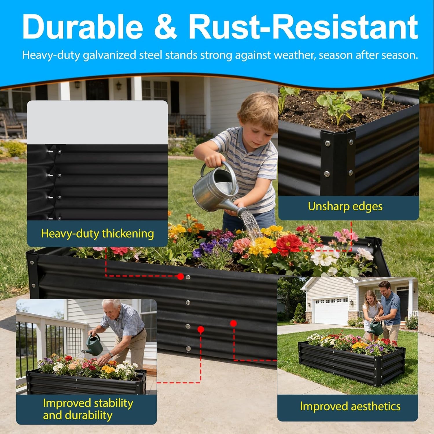 Raised Garden Bed 2 Pack 8X4X1Ft, Premium Galvanized Raised Garden Bed, Large Raised Garden Beds Outdoor for Deep-Rooted Vegetables, Flowers, Green and Herbs, Black