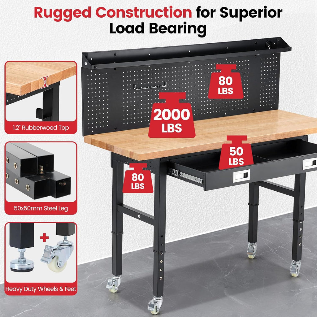 60-Inch Heavy Duty Workbench with Wheels, Adjustable Height | Solid Rubberwood Top Garage Work Table with Drawers, Pegboard, Power Outlets & LED Light for Workshop, Repair & DIY