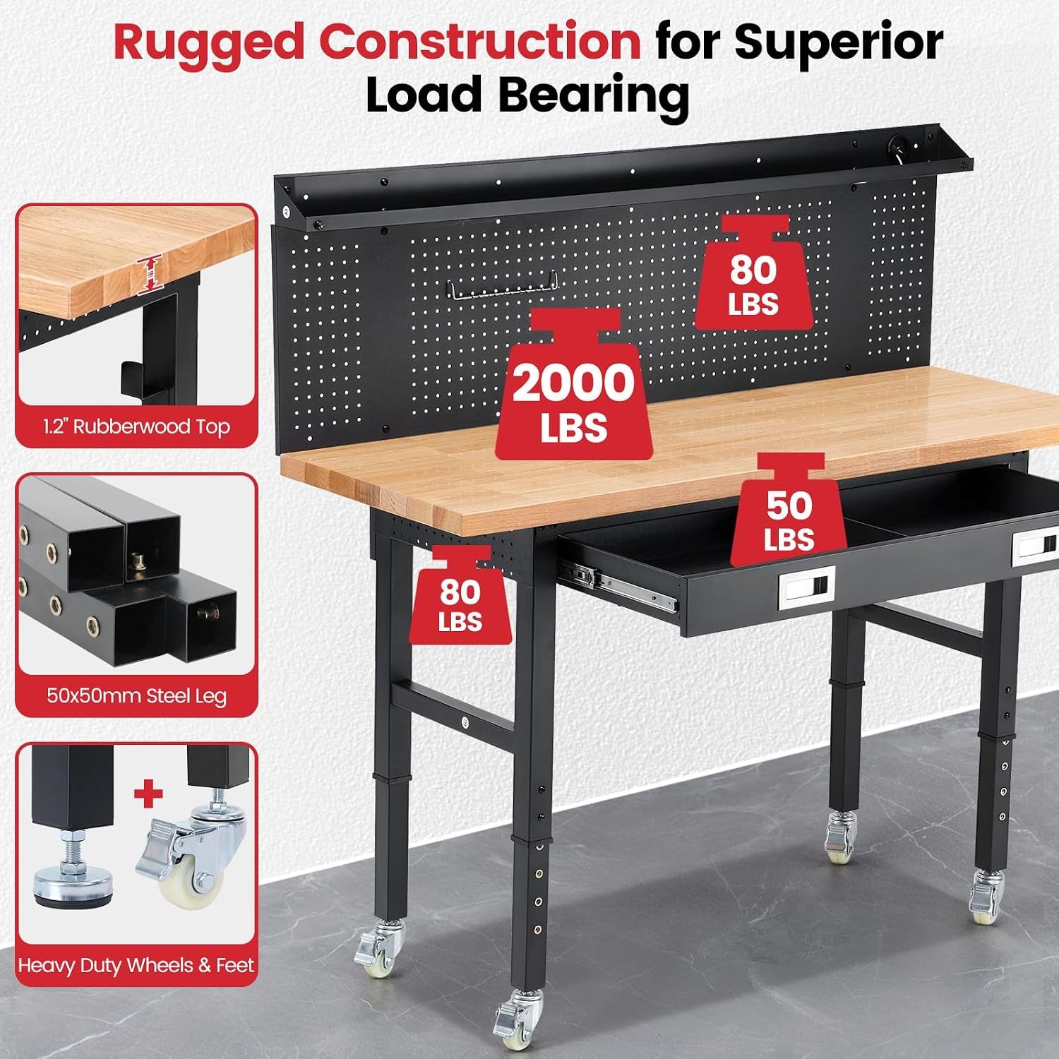 60-Inch Heavy Duty Workbench with Wheels, Adjustable Height | Solid Rubberwood Top Garage Work Table with Drawers, Pegboard, Power Outlets & LED Light for Workshop, Repair & DIY