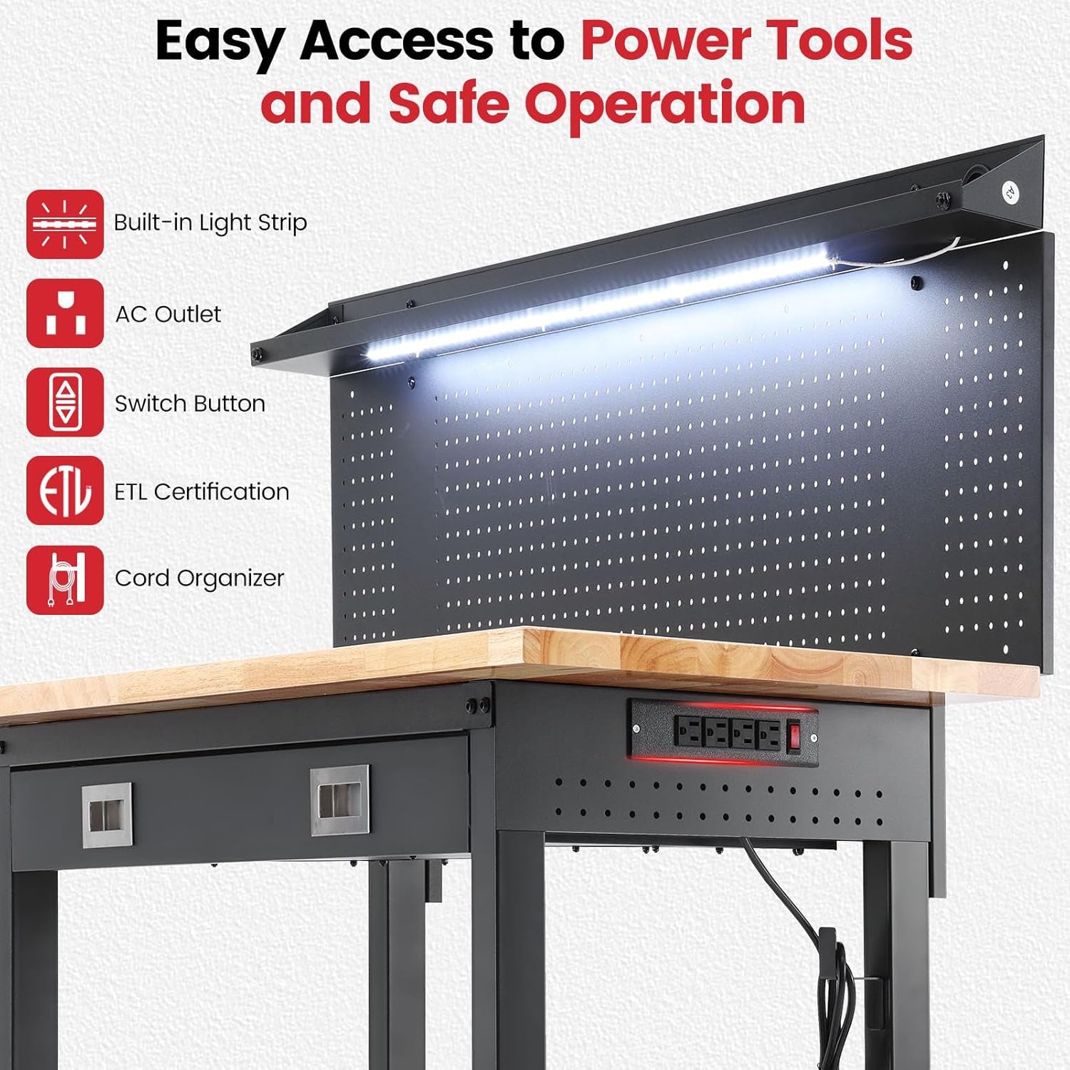 60-Inch Heavy Duty Workbench with Wheels, Adjustable Height | Solid Rubberwood Top Garage Work Table with Drawers, Pegboard, Power Outlets & LED Light for Workshop, Repair & DIY