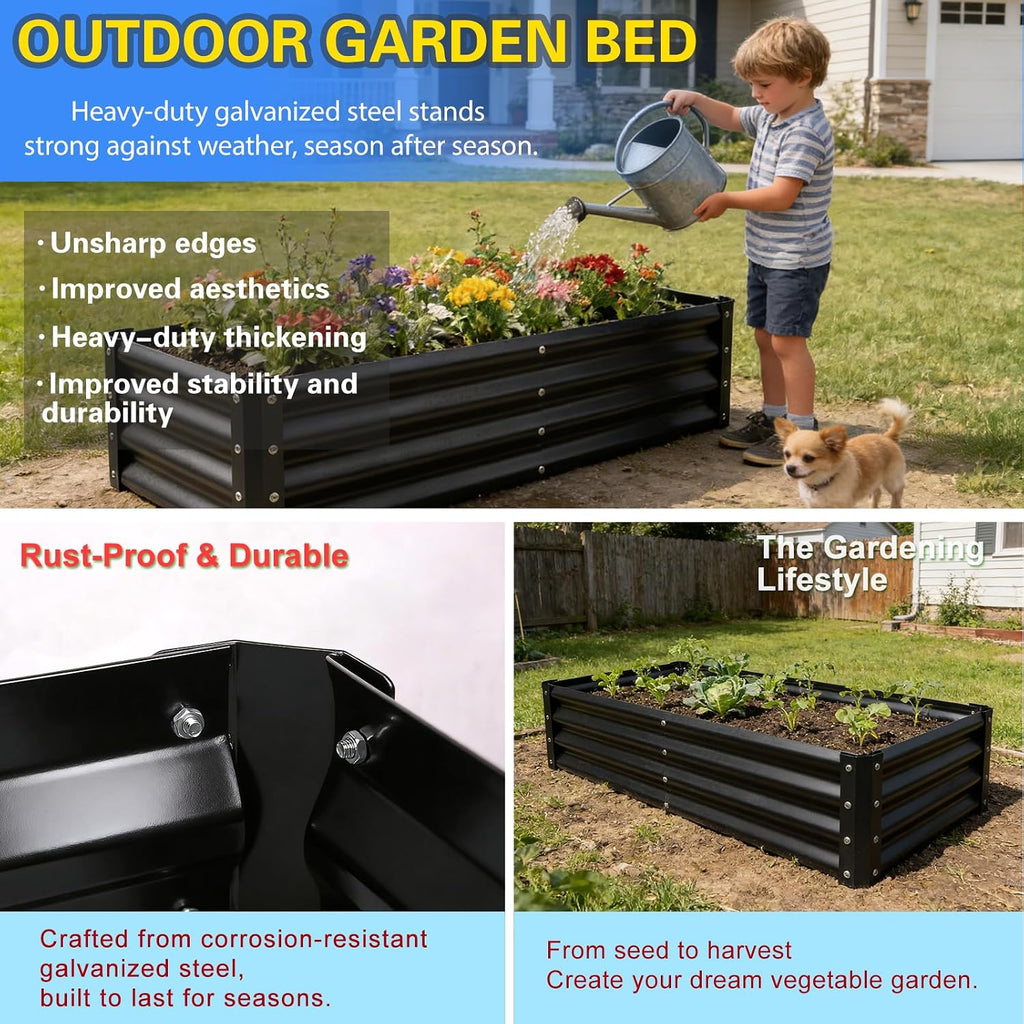 Raised Garden Bed 2 Pack 8X4X1Ft, Premium Galvanized Raised Garden Bed, Large Raised Garden Beds Outdoor for Deep-Rooted Vegetables, Flowers, Green and Herbs, Black