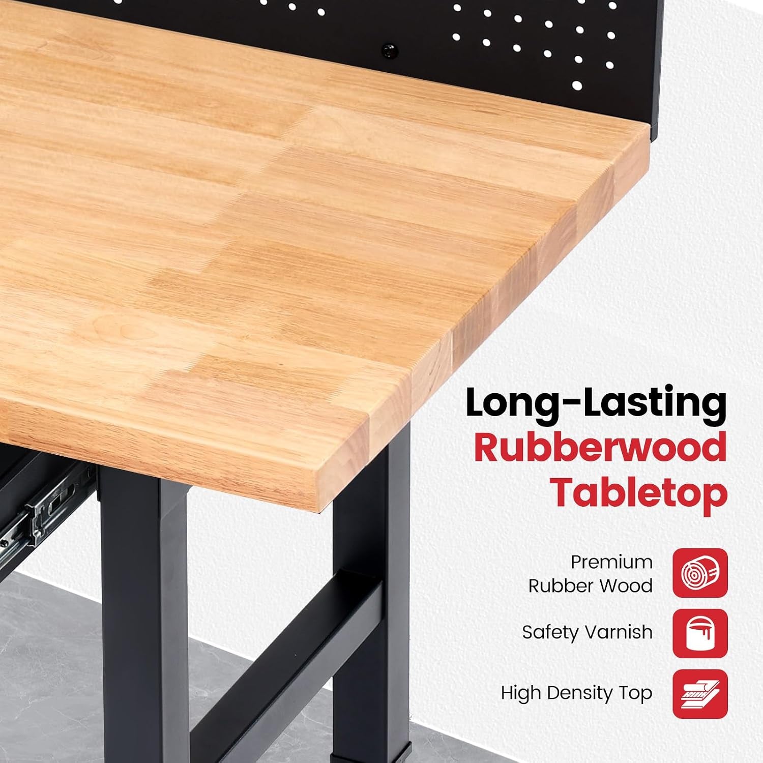 60-Inch Heavy Duty Workbench with Wheels, Adjustable Height | Solid Rubberwood Top Garage Work Table with Drawers, Pegboard, Power Outlets & LED Light for Workshop, Repair & DIY