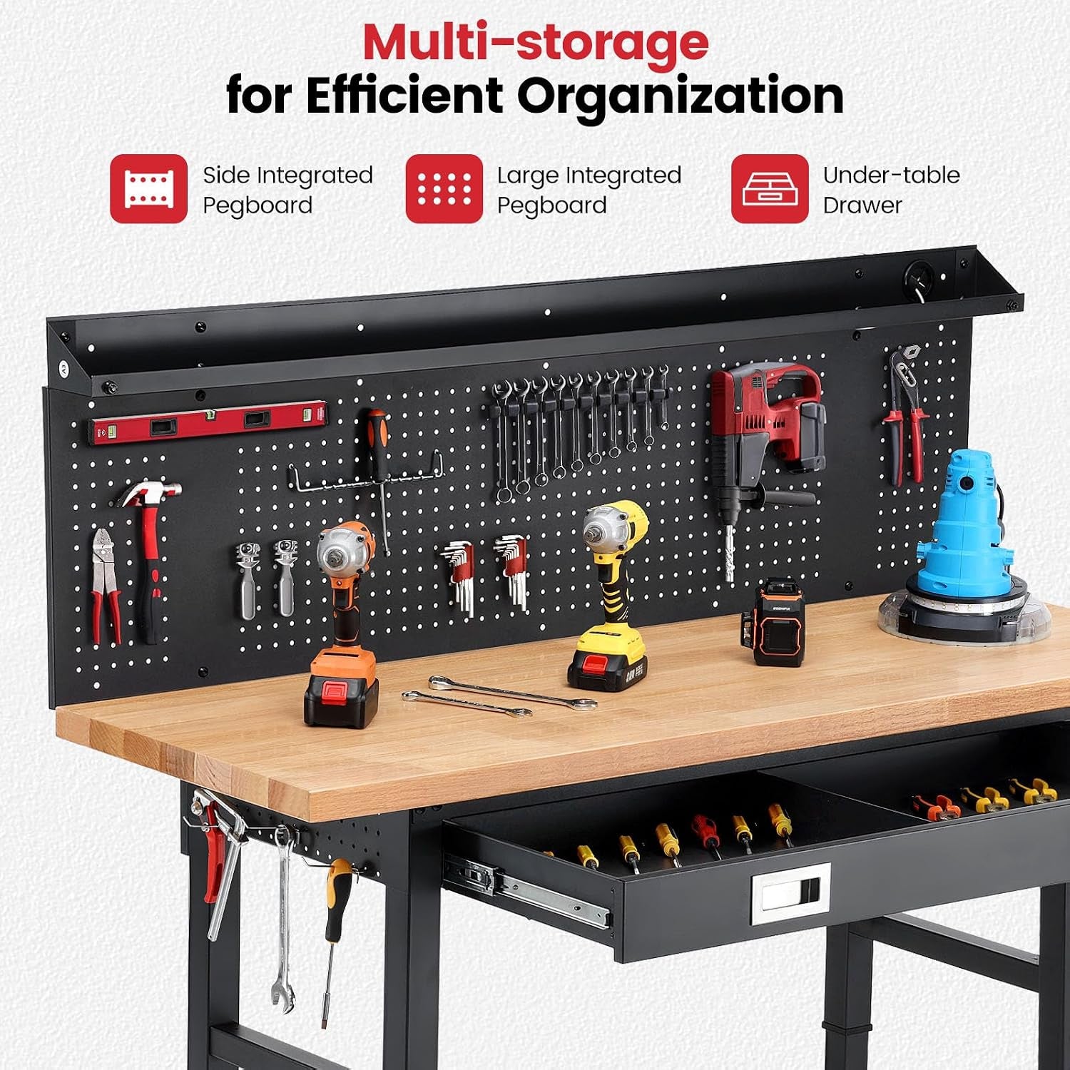 60-Inch Heavy Duty Workbench with Wheels, Adjustable Height | Solid Rubberwood Top Garage Work Table with Drawers, Pegboard, Power Outlets & LED Light for Workshop, Repair & DIY
